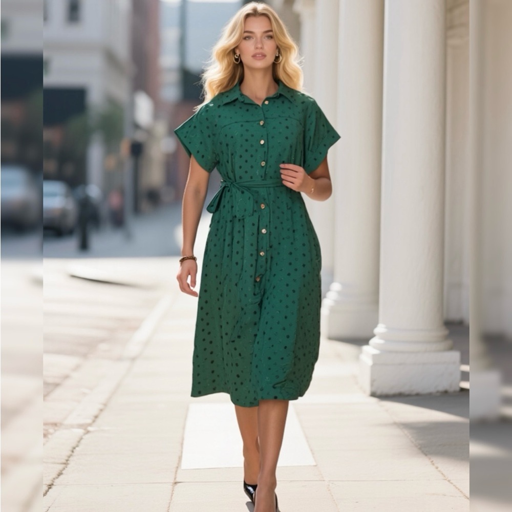 Nina Leonard St. Patrick’s Day Emerald Textured  Button-Front Midi Size Large